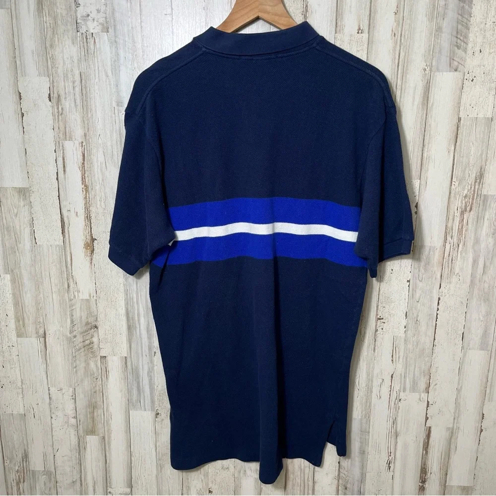 Vintage Polo Ralph Lauren Navy Stripe Short Sleeve Knit‎ Polo Shirt Mens Medium